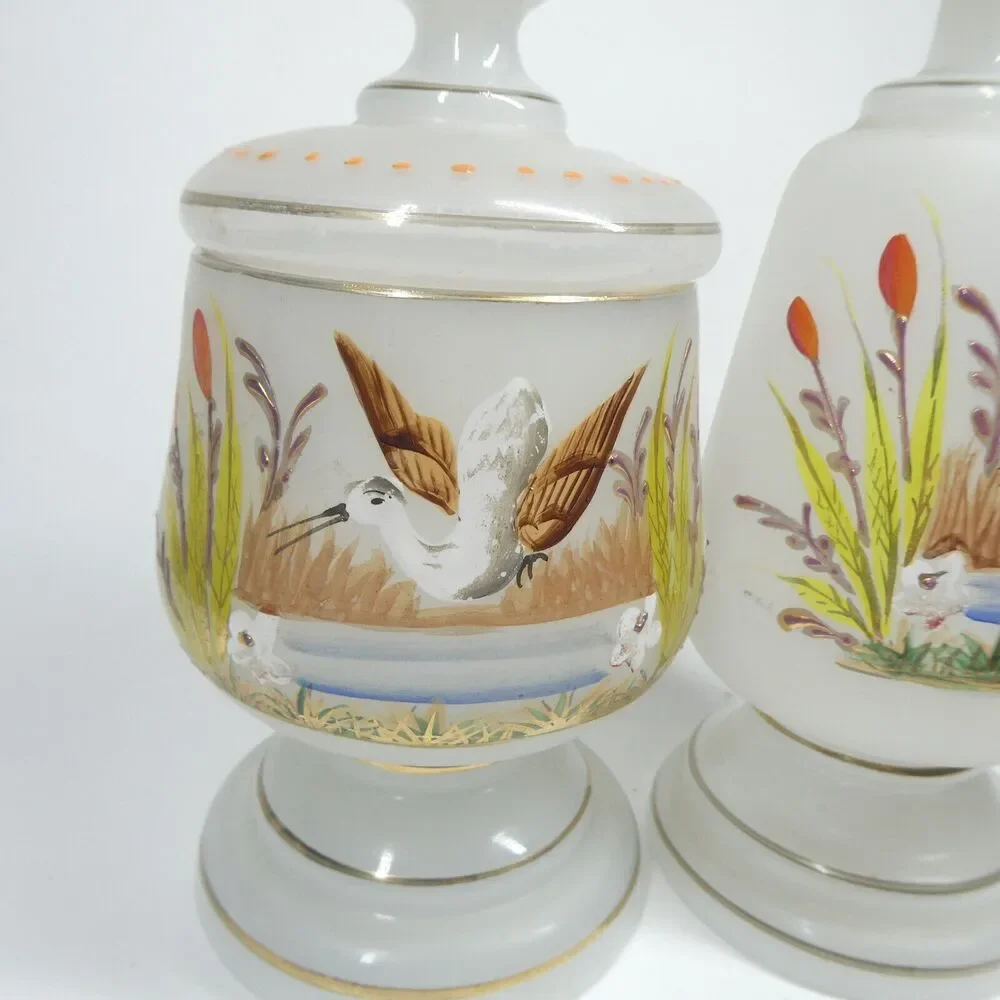 Handpainted Ducks Birds Frosted Glass Decanter Jar Candle Holder Vintage